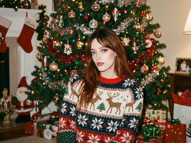 JaneRoa, con lunghi capelli castani, indossa un maglione rosso e bianco a tema renna, ed è in piedi di fronte a un albero di Natale, circondata da ornamenti colorati e regali. Il suo seno è leggermente visibile..