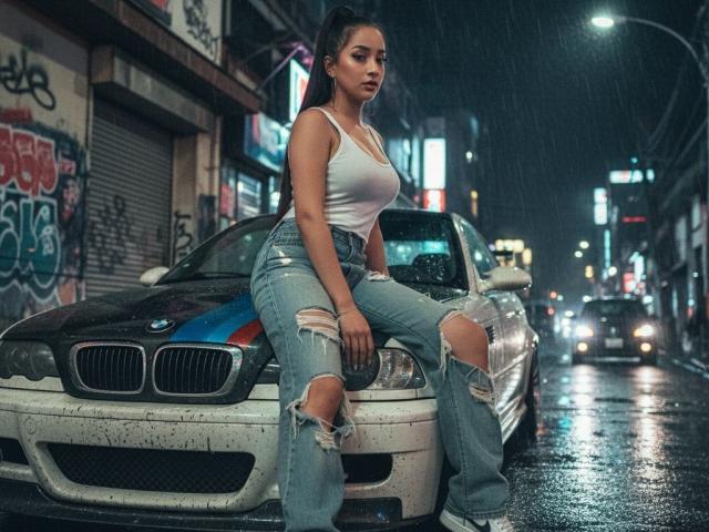 YourDreamGoddess sits on a rain-splattered BMW with a blue and red stripe, wearing a white tank top and ripped blue jeans. She has a toned physique, medium-sized breasts, and a confident expression. Her dark hair is in a high ponytail. The car is dirty, with raindrops on the windshield. The street is wet, with graffiti on the buildings and neon signs in the background. The image uses a moody, urban night-time style with a focus on the character and her relaxed, yet assertive pose.