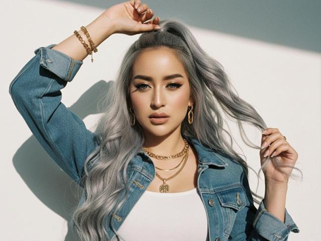 YourDreamGoddess has long, wavy silver hair, styled in a high ponytail. She wears a denim jacket over a white top, with gold jewelry including a chain necklace and hoop earrings. Her right arm is raised, touching her hair. She has light brown skin, full lips, and winged eyeliner. The light casts a shadow on the left side. The image is sharply focused with a soft, natural light. The composition highlights her confident, stylish look.