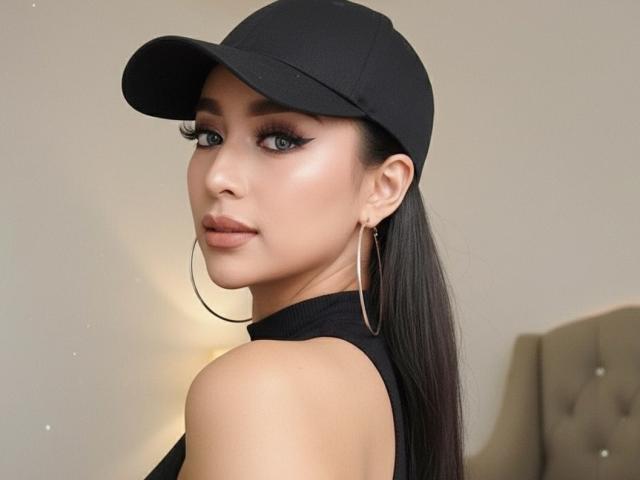 YourDreamGoddess is a photograph of a woman with long, straight black hair in a ponytail. She wears a black cap, large gold hoop earrings, and a sleeveless black top. Her makeup is bold with thick, winged eyeliner and full, dark pink lips. She has a light, warm skin tone. The image is focused on her face and upper shoulders, with a soft, neutral background. The cap casts a slight shadow over her forehead.