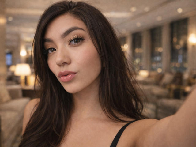 SofieWhite has long brown hair, brown eyes, and pink lips with a slight pout. She's wearing a black top, and her tits are partially visible. She's taking a selfie.