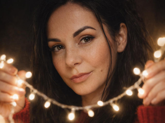 Close-up of SkyNaate with dark, wavy hair, holding a string of warm, glowing fairy lights in front of her face. Her brown eyes look directly at the camera with a subtle smile. She has fair skin with light freckles and wears a red, knit sweater. The soft light from the fairy lights creates a warm, intimate atmosphere. The image focuses on her face and the lights she holds.