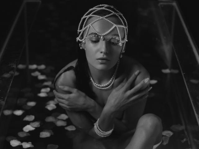 Black and white photo of OliviaMuur. She's kneeling in a rectangular, reflective container filled with scattered petals. She has a chain headpiece with pearls, a pearl necklace, and a pearl bracelet. Her eyes are closed, and she's crossing her arms over her chest. Her dark hair is partially visible. The texture of her skin is smooth, and the light highlights her facial features. The image has a moody, sensual vibe with a focus on elegance and luxury. Her expression is calm and contemplative.