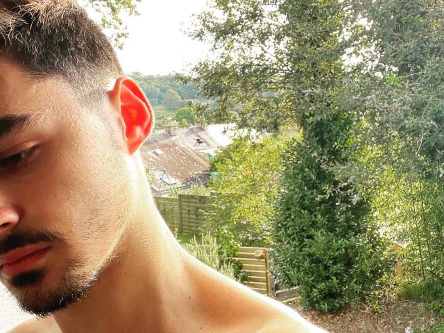 JamesFrenchie's upper body, shirtless, with short brown hair, slight beard, and fair skin, looking down, right ear visible, greenery and wooden bench in background, sunlight filtering through.