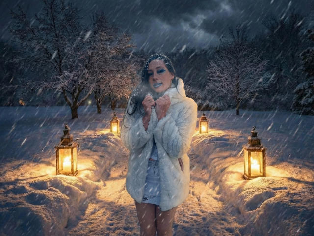 JessyLuxs stands in snow, wearing a fluffy white coat, hands near her face, snowflakes falling, lanterns lighting up the path, dark cloudy night, visible blue lipstick, wintery scene.