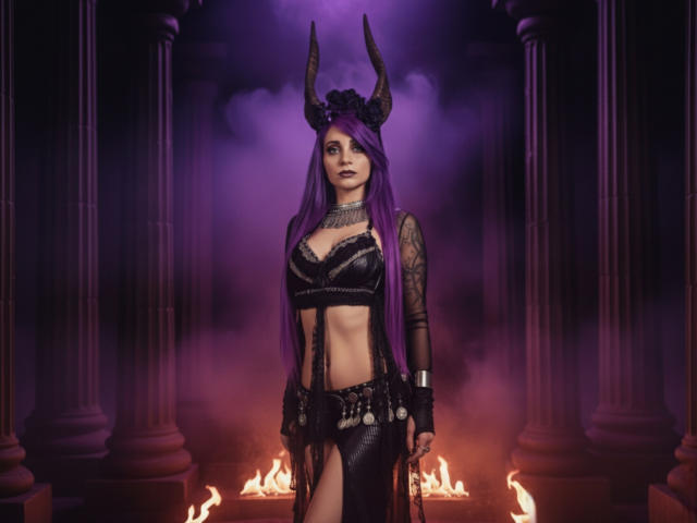 Alexandrapsique with purple hair, black horns, black lace bra, and tattooed arm, standing in front of flames, wearing a black leather skirt and fingerless gloves. Boobs, ass, tits visible.