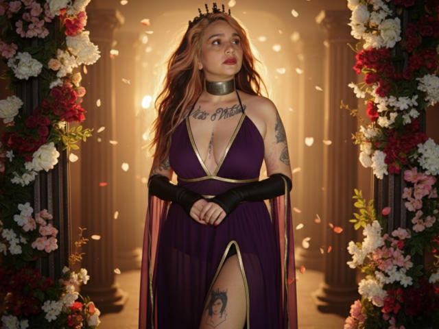 Alexandrapsique with long red hair, crown, purple dress, black gloves, tattoos, and choker, standing in flower arch, looking up, showing her tits and thigh tattoo.