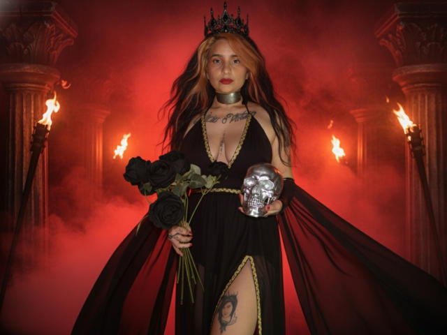 Alexandrapsique with long red-black hair, black crown, black dress with gold trim, holding black roses and a silver skull, tattoo on chest, red mist, black cape.