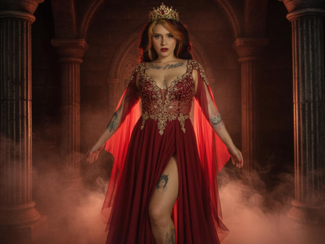 Alexandrapsique in a red, sheer-vested dress with gold embroidery, crown, tattoos, and red veil, standing in fog, showing her tits and a thigh tattoo, in a dark, ornate setting.