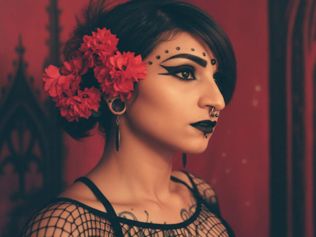 Alexandrapsique has dark makeup, black eyeliner, and black lipstick with a nose ring. She's wearing fishnet and red flowers in her short black hair. Her tits are visible.