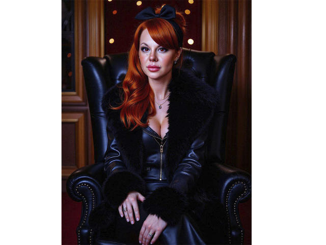MissTwinkleX with red hair, black fur coat, and leather dress, sitting in a leather chair, showing her tits through a zipper, wearing a black bow on her head.