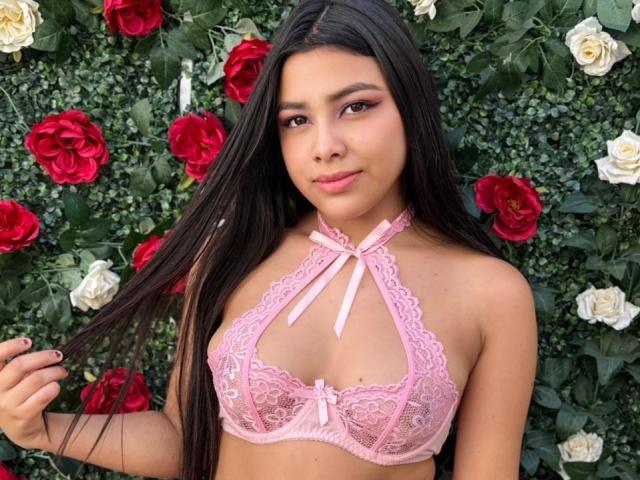 AmarantaRuiz, com cabelos longos e pretos, um top de renda rosa, seios pequenos, segurando o cabelo, um laço rosa, rosas vermelhas e brancas, folhagem verde, olhos castanhos, batom rosa, sorrindo, pele de tom médio..