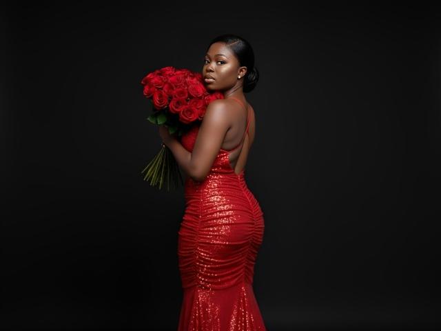 Bustycrazy with dark skin, wearing a red, sequined, backless dress, holding a bouquet of red roses, standing against a black background, looking over her shoulder.