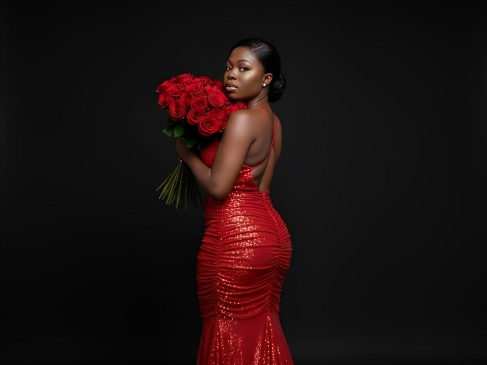 Mulher com pele escura, vestindo um vestido vermelho sem costas, coberto de lantejoulas, segurando um buquê de rosas vermelhas, em pé contra um fundo preto, olhando por cima do ombro..
