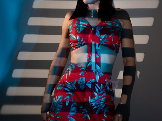 KatteRouse in a red floral crop top and skirt, standing with shadow stripes across her body, wearing a black choker and black gloves, showing her flat stomach and ass.