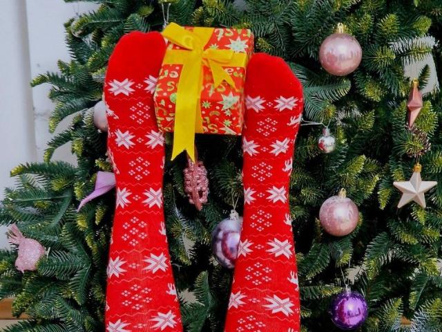 Red scarf with white Christmas patterns, yellow ribbon, and gift on a green Christmas tree. Boobs and tits are not visible. Purple and pink ornaments, star, and pink ribbon.