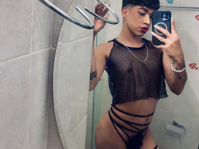 BrigitteLove with short black hair, wearing a fishnet top, exposing small nipples, and strappy black panties, taking a mirror selfie in a bathroom. She has a tattoo on her arm.