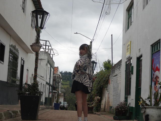 ElizaCanterville's ass is covered by a black skirt, standing with back to camera, wearing a zebra-patterned top, on a narrow, cobblestone street with a vintage lantern.