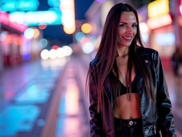 AddisonAdore with long brown hair, black leather jacket, and black bra, smiling, standing on a neon-lit street at night, showing her flat stomach and small tits.