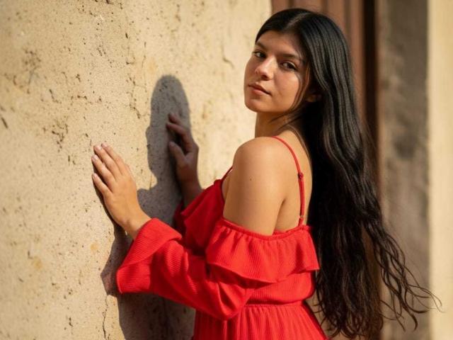 RilleyFoyx with long dark hair, red off-shoulder dress, and small tits, standing against a textured wall, looking over shoulder, sunlight casting a shadow on her.