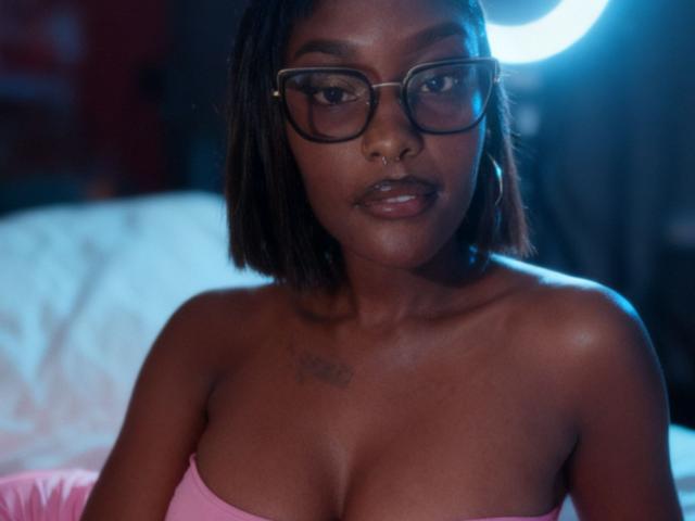 SachiZlatan222 with dark skin, medium-length black hair, glasses, nose ring, and pink strapless top, showing her tits, looking at camera with a serious expression, ring light in background.