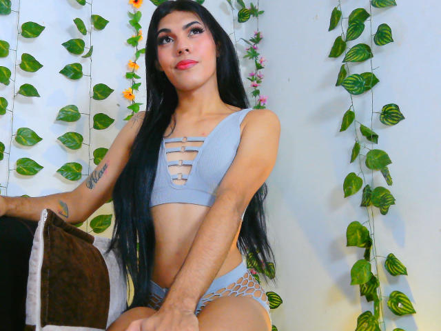 AshleyCock with long black hair, gray strappy lingerie, small boobs, tattoo on right arm, sitting, smiling, red lipstick, green leaf vines in background, light skin, cute.