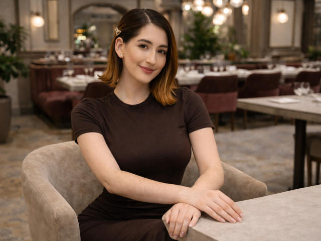 RousseBlossom, with brown dress and medium tits, sits in a chair, smiling, arms resting on a table, in a warmly lit, elegant restaurant. Her hair is shoulder-length, brown.