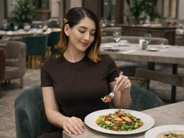 RousseBlossom, a woman with shoulder-length brown hair, wears a dark brown, short-sleeved dress. She sits at a table, holding a fork in her right hand, eating a colorful salad with green peas, red tomatoes, and grilled chicken. Her left hand rests on the table. The background is blurred but shows more tables and chairs. She has a subtle smile, and a small hair clip is in her right ear. The table is grey with a white plate.