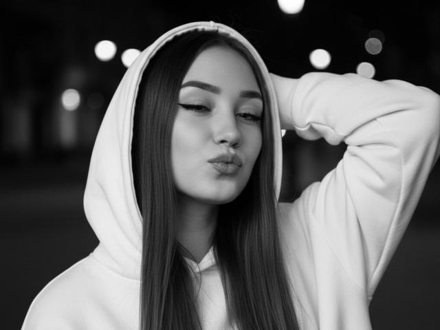 Black-and-white photo of AlisaHotty69 with long straight hair, wearing a white hoodie, pouting with slightly closed eyes, hand in hood, soft bokeh lights in background.