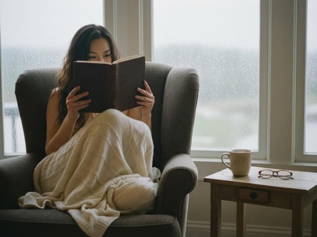 BeloverNana with dark hair, reading a book, sits in a grey armchair, covered in a white knitted blanket, near a wooden table with a cup and glasses.