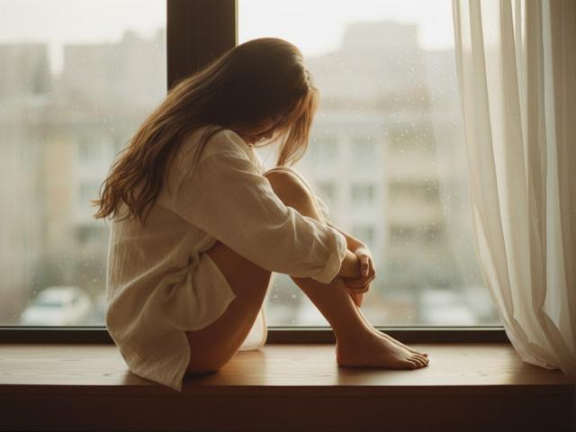 BeloverNana, sitting on a windowsill, knees to chest, wearing an oversized white shirt, her long brown hair covering her face, bare feet on the wooden ledge, soft sunlight.