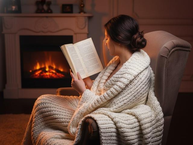 BeloverNana sits in a plush armchair, reading a book. She's wrapped in a thick, cream-colored knitted blanket, covering her shoulders and draping over her lap. Her dark hair is in a neat bun. She's facing a fireplace with a warm, glowing flame. The room is softly lit, highlighting the cozy, intimate atmosphere. The texture of the blanket is rich and chunky, contrasting with the smooth, upholstered chair. The image emphasizes comfort and warmth.
