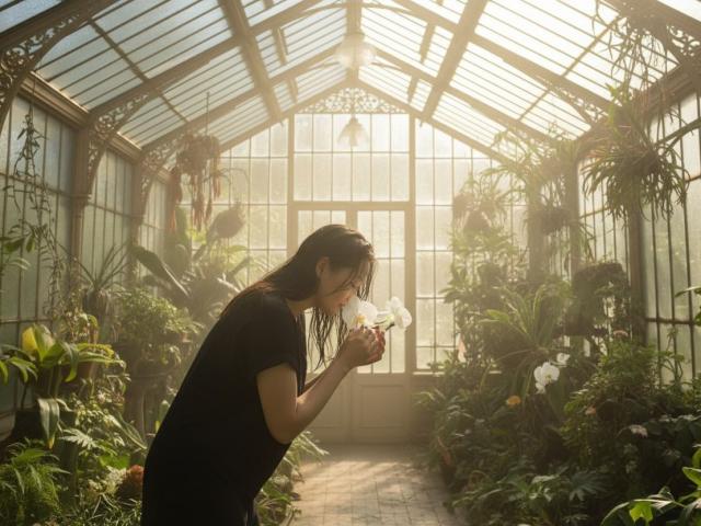 BeloverNana with wet black shirt, holding white flower, in sunlit greenhouse, surrounded by lush green plants, looking down, soft sunlight, morning vibe.
