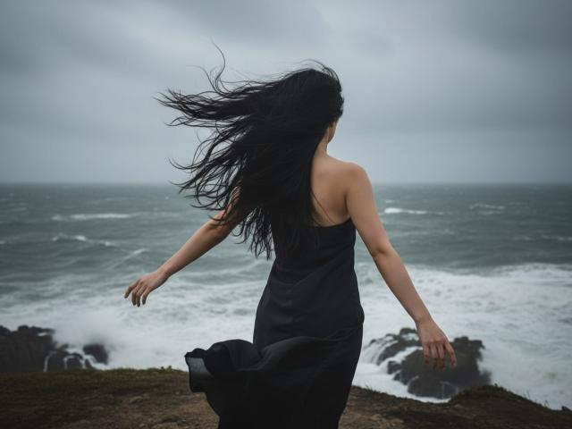 BeloverNana with long black hair flowing, wearing a black strapless dress, arms out, standing on a rocky cliff, facing a cloudy, gray ocean, looking cool as shit.