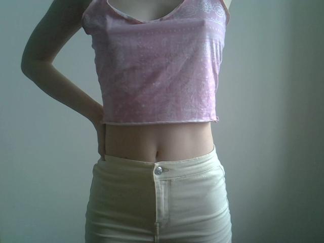 DitaVira stands with her right hand on her hip. She wears a pink, patterned, sleeveless crop top that reveals her midriff and a pair of beige, button-up pants. Her skin is light, and her navel is visible. The image is focused on her upper body, with soft, natural light highlighting her slim, toned figure. The background is a simple, light gray wall. The crop top has a small, decorative design on the left side.