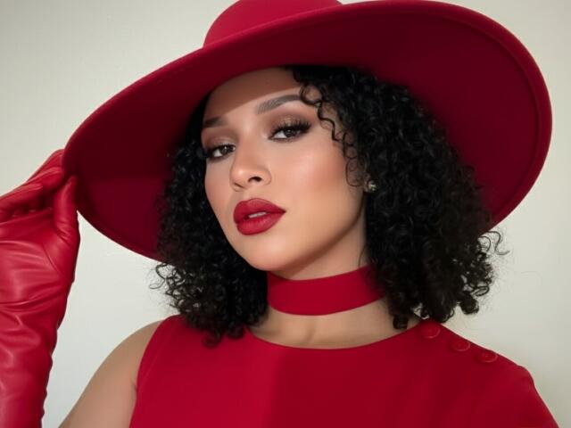 CarlaMuille, con i capelli neri ricci, un cappello rosso, guanti rossi, una collana choker rossa, un vestito rosso e rossetto rosso, guarda seducentemente la fotocamera. Il suo seno è parzialmente visibile..