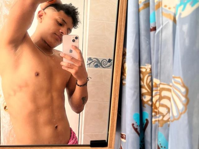 JamessHott, torse nu, avec un corps mince et musclé, des cheveux courts et foncés, et un petit tatouage sur son bras droit, prend un selfie devant un miroir avec un téléphone. Il porte un short rose..