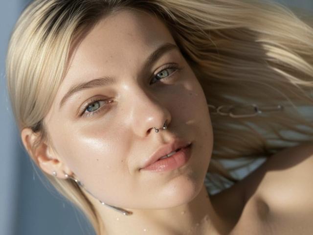 Close-up of Rosallia with light blonde hair, green eyes, and a small silver nose ring in her right nostril. Her skin is smooth and slightly shiny, with subtle freckles. She's wearing small, delicate silver earrings. Rosallia's lips are slightly parted, and she has a relaxed, gentle expression. The light highlights her hair and cheekbones. Her hair is partially blown to the right, and the light blue background is blurred. The image has a natural, candid feel. Rosallia's facial features are soft and symmetrical.