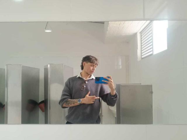 MiaAndDemian, with tattoos on right arm, wearing grey sweater and white collar, holds blue phone, taking selfie in mirror, standing in front of metal bathroom stalls.
