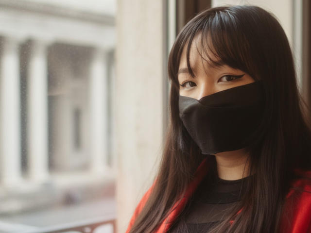 BeloverNana, a young Asian woman with long, straight black hair and bangs, stands near a window. She wears a black mask covering her nose and mouth, and a red jacket over a black top. Her dark eyes look slightly to the right. The light is soft, with a subtle, warm tone. Her expression is neutral, and the image has a shallow depth of field, making the background blurred. The window's frame is visible.