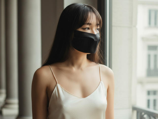 BeloverNana stands near a window, wearing a black mask that covers her nose and mouth. She has long, straight black hair with bangs and is dressed in a white, spaghetti-strap tank top. Her light skin contrasts with the black mask. She gazes to the right with a calm expression. The soft light from the window highlights her smooth skin and delicate features. The background is blurred, focusing attention on BeloverNana. The composition is balanced, with her body slightly angled to the left. The image uses natural light, emphasizing the serene atmosphere.