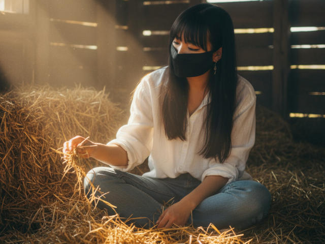 BeloverNana sits cross-legged on a pile of hay, wearing a white button-up shirt and grey pants. She has long black hair with bangs, and a black face mask covers her nose and mouth. Sunlight streams in from the left, highlighting the hay's golden texture. BeloverNana's right hand holds a few strands of hay, while her left hand rests on her knee. The wooden walls of the barn are in the background. The light is warm and natural.