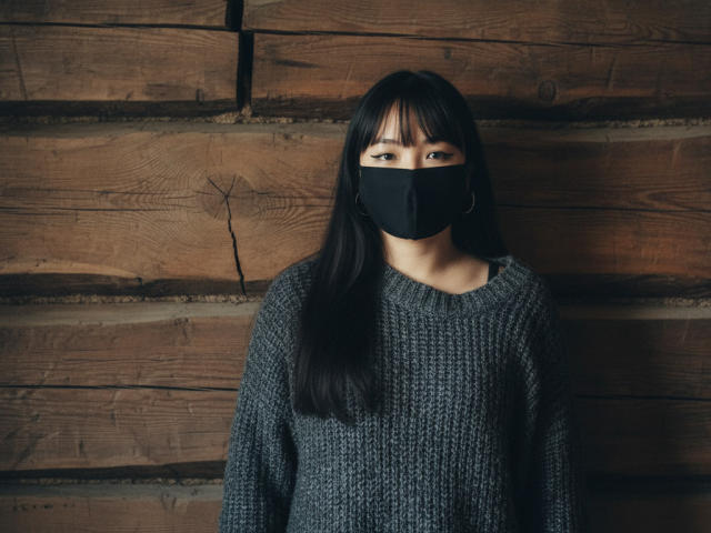 BeloverNana stands against a wooden wall, wearing a black face mask and a chunky, grey knit sweater. Her long, straight black hair with bangs frames her face. She has East Asian features and wears small hoop earrings. The wooden wall has visible grain and cracks, adding texture. The image is a photograph with a muted color palette, focusing on contrast between the dark mask and sweater, and the brown wood. The composition is centered, with BeloverNana's gaze meeting the camera.