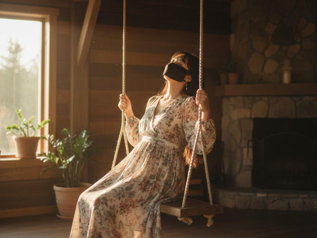 BeloverNana sits on a wooden swing, blindfolded, with rope handles in both hands. She wears a floral dress with a belted waist. Sunlight streams from a window on the left, casting warm light on her. Her head is tilted back, eyes covered. A potted plant is on the left, and a stone fireplace is on the right. The wooden floor and walls create a rustic atmosphere. Her brown hair is tied back. The image has a soft, natural light.