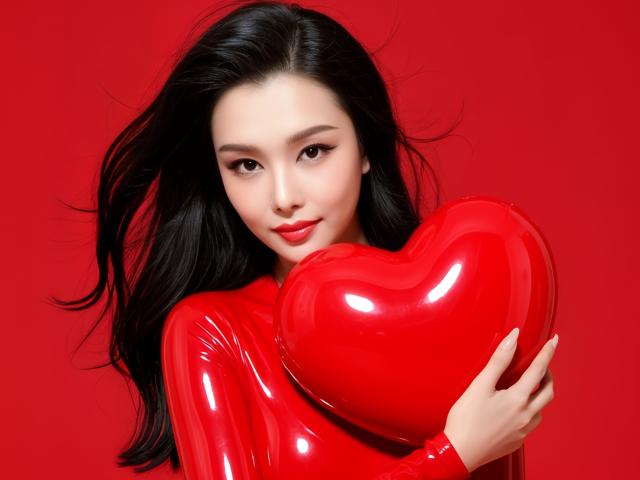 JenieMistress with shiny red latex boobs, holding a giant red heart against a red background, has long black hair, red lipstick, and a seductive smile.