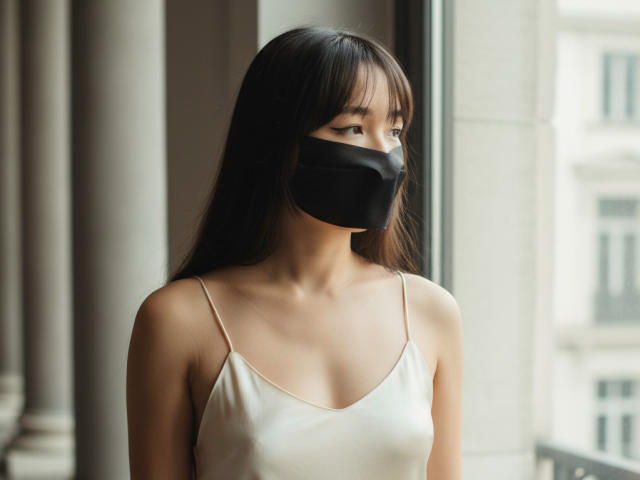 BeloverNana with long brown hair, wearing a black mask covering her mouth, white spaghetti strap top, and standing by a window, looking outside. Her tits are small and her ass is not visible.