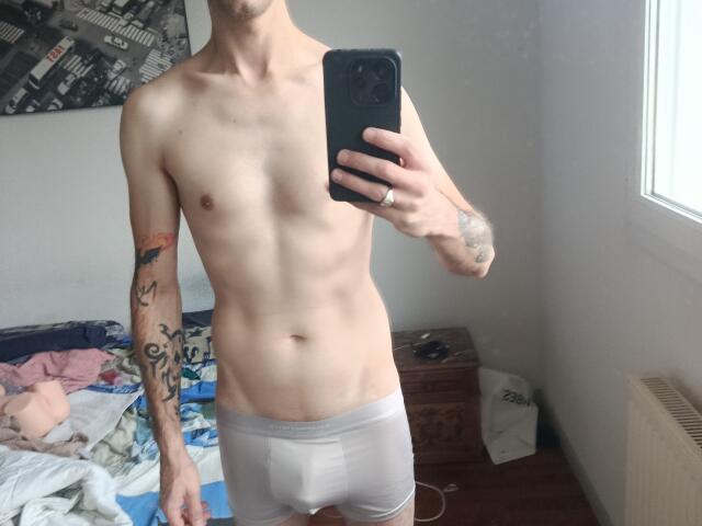 FrancaisH stands in a room, taking a mirror selfie with a black phone. He's shirtless, wearing tight white boxer briefs, showing a slim, tattooed, and flaccid body.