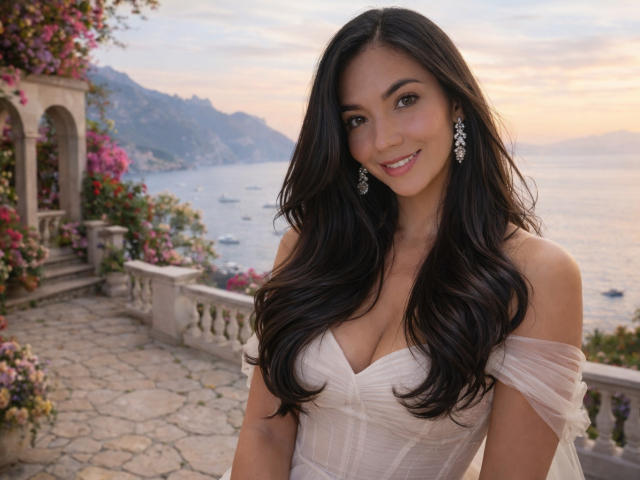 SofieWhite with long black hair, wearing a sheer off-shoulder dress, showing her tits, smiling, wearing elegant earrings, standing on a stone pathway with pink flowers.