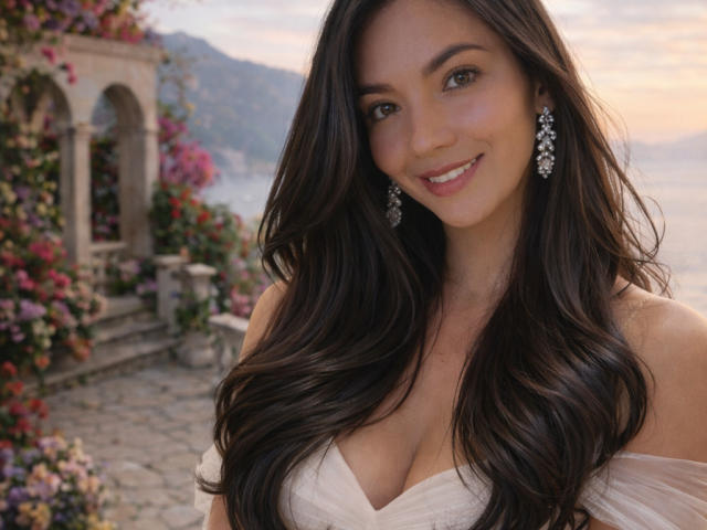 SofieWhite has long, wavy brown hair, smiling with pink lipstick, wearing a white off-shoulder dress, and diamond earrings, showing her tits, with a calm, pretty face.