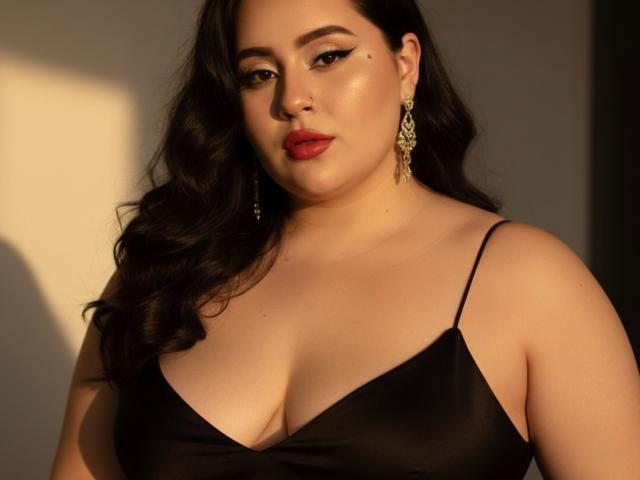 GraceYuly with dark wavy hair, red lipstick, and gold earrings, wearing a black spaghetti-strap dress, showing her tits in a sunlit, shadowed scene.